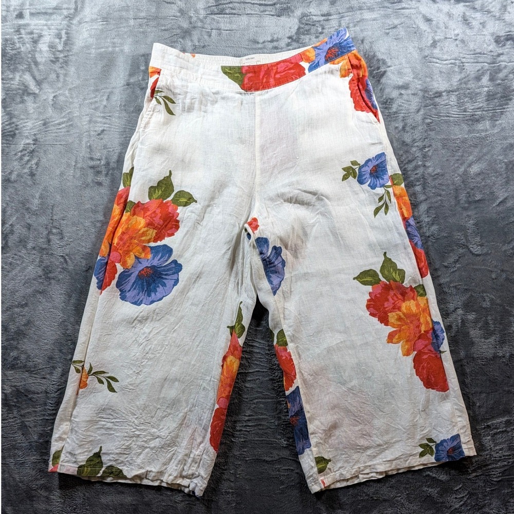 Joie Women XL Floral Linen Wide Leg Crop Pants White Orange Blue RN 75343